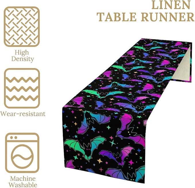 Gothic Table Runner,Colorful Bat Star Pattern Table Runner for Home Kitchen Table Dining Garden Farmhouse Wedding Party Decor 13x36 Inch