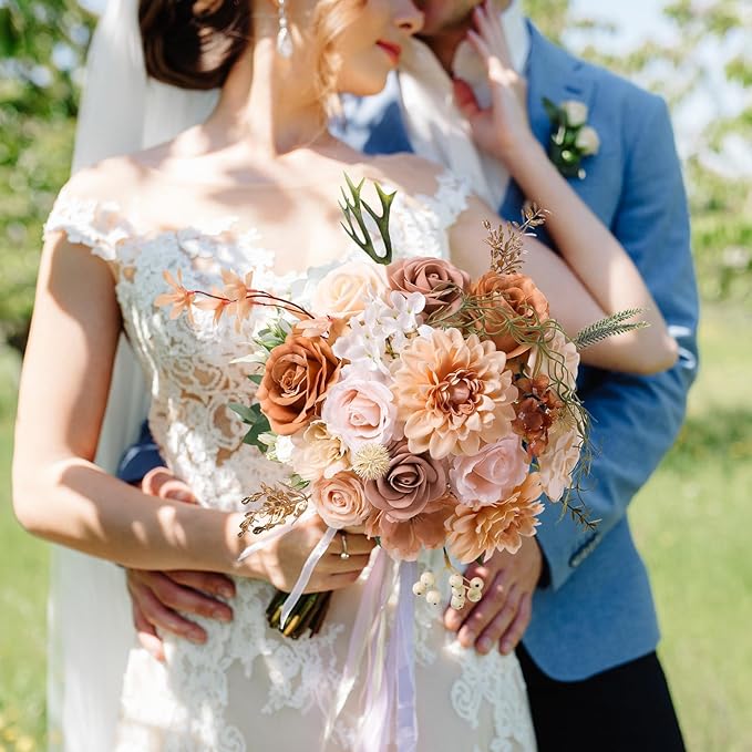 Artificial Flowers Combo, Mix Silk Flowers Roses, Peonies, Dahlias with Stems for DIY Wedding Bridal Bouquet, Baby Shower, Table Centerpieces, Home Decor, Fake Floral Arrangements-Boho Nude