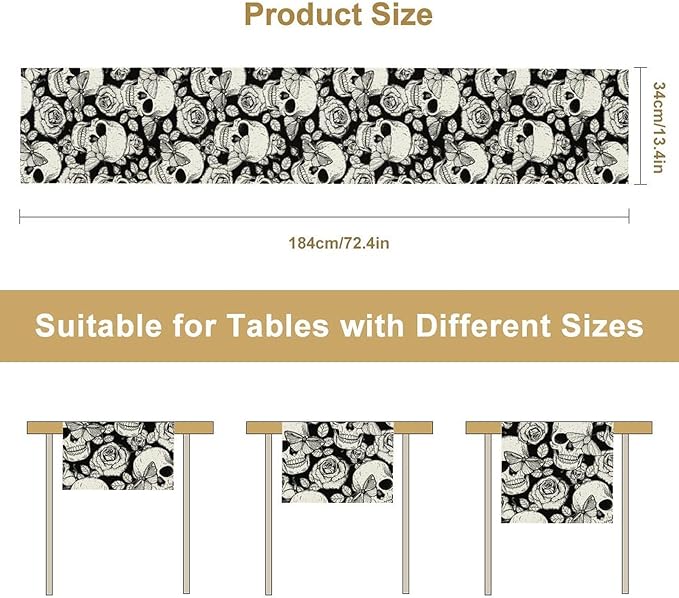 Gothic Table Runner,Black White Skeleton Flower Moth Print Table Runner for Home Kitchen Table Dining Garden Farmhouse Wedding Party Decor 13x70 Inch