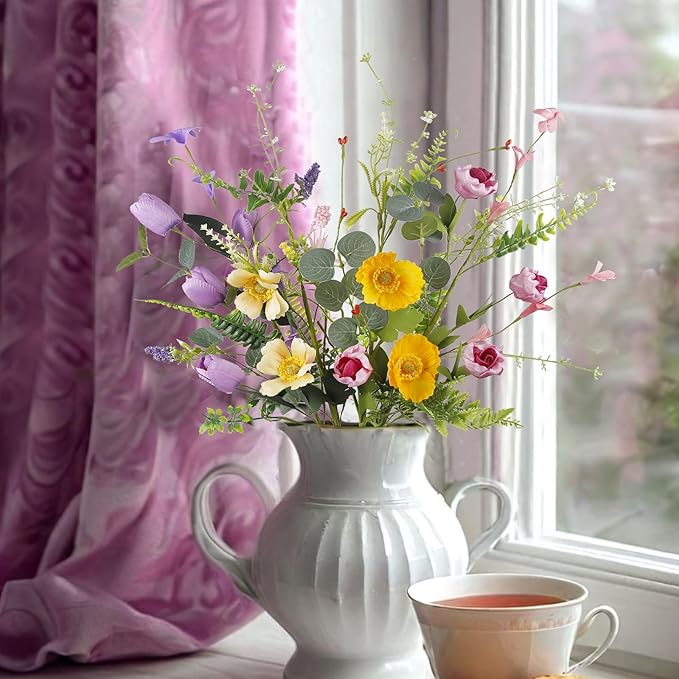CISDUEO 4 Pcs Wildflowers Artificial Flowers Daisies Roses and Poppies Faux Wildflowers Summer Flowers Artificial for Decoration Spring Silk Floral Arrangement Wedding Party Table Centerpieces Home