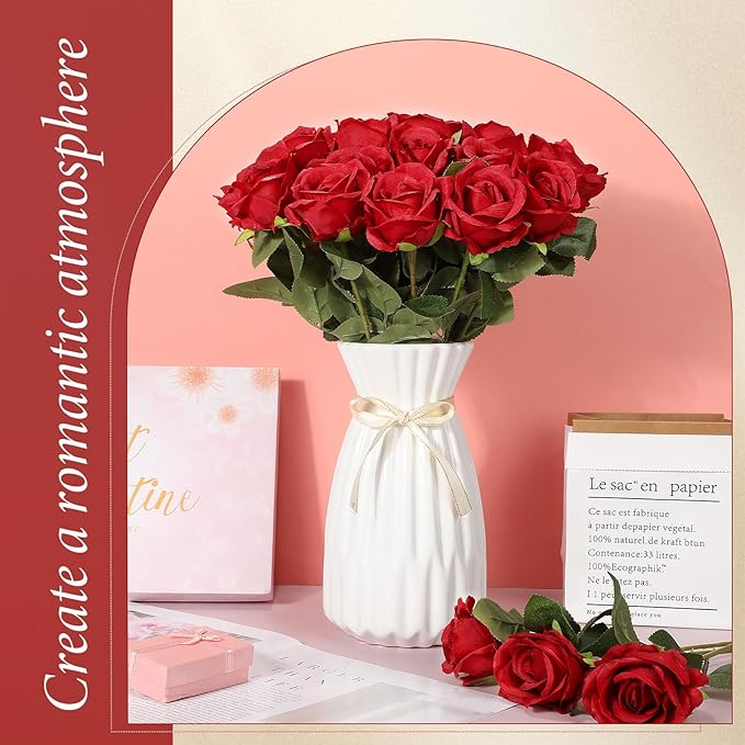 Hotop 40 Pcs Rose Artificial Flowers Bulk with Long Stem,Realistic Silk Fake Roses Bouquet for Home Wedding Centerpieces Party Table Decoration Valentines Gifts(Red)