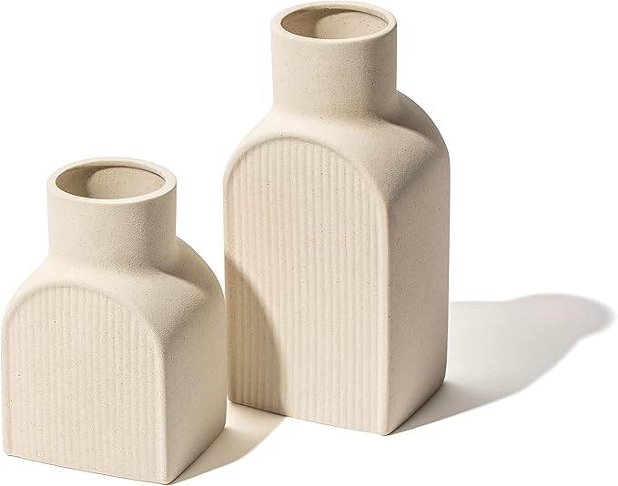 Ceramic Ribbed Vases - 2 Piece Set, Small and Large Vase, Bottle Flower Planter Set. Scandi Style Home Decor. Neutral Cream Home Decor, Coastal Decor for Home, Centerpiece for Table