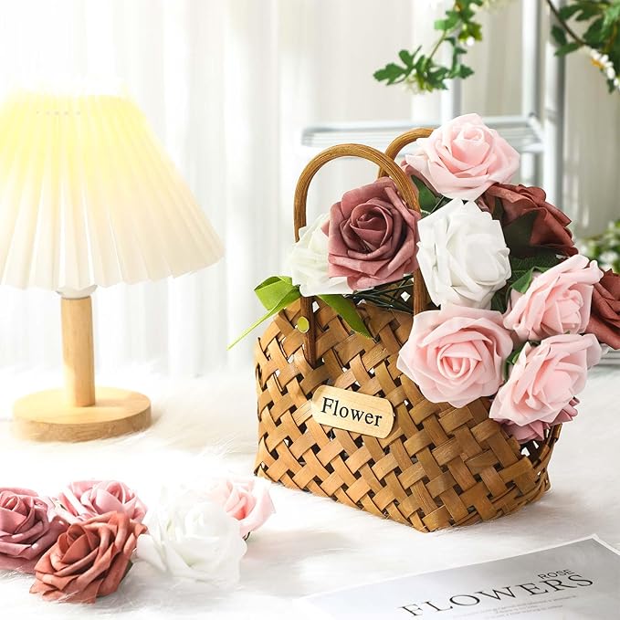 100 Pieces Artificial Foam Rose Flowers Faux Bouquet with Leaves and Stems for DIY Wedding Bouquets Centerpieces Bridal Shower Party Valentine Home Decorations(Shades of Dusty Rose)