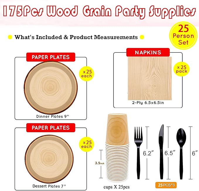 175Pcs Wood Grain Party Supplies Rustic Wood Slice Party Set 9"& 7"Wood Plates Napkins Cup Knives Forks Spoons for Camp Fire Camping Woodland Animal Lumberjack Baby Shower Birthday Party Decor Serve25
