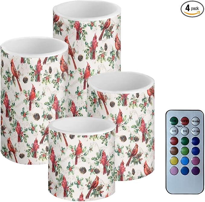 Christmas Cardinal Bird Flickering Flameless Candles with Battery Powered LED Candles with Remote Timer Color Changing Control 4 Pcs Set