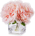 Enova Home Artificial Peony Flowers Arrangements in Cube Glass Vase with Faux Water for Home Table Wedding Centerpiece Decor (Pink)