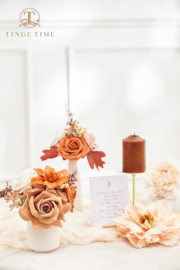 TINGE TIME Artificial Flowers Burnt Orange & Champagne Flower Combo for DIY Wedding Bouquets Table Centerpieces Arrangements Party Baby Shower Home Fall Decorations