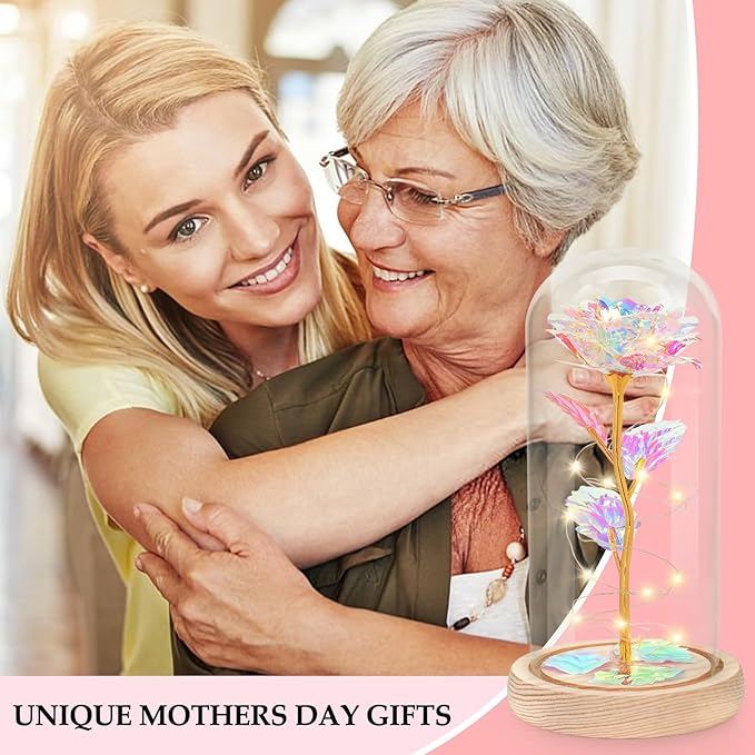 Mothers Day Flowers Gifts for Mom, Birthday Gifts for Women, Galaxy Glass Rose Gifts for Grandma Wife Daughter Artificial Forever Preserved Flowers for Delivery Prime Rose in Glass Dome, Rainbow