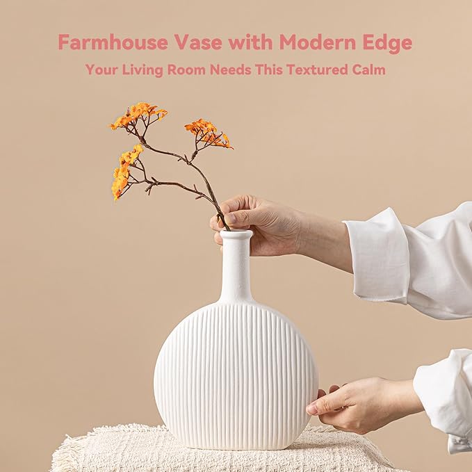 White Ceramic Vase with Vertical Fluted Texture - 9.8" Unique Flower Vase for Pampas Grass & Centerpieces, Decorative Boho/Farmhouse Vase for Living Room, Office Desk & Gift for Her/Yourself