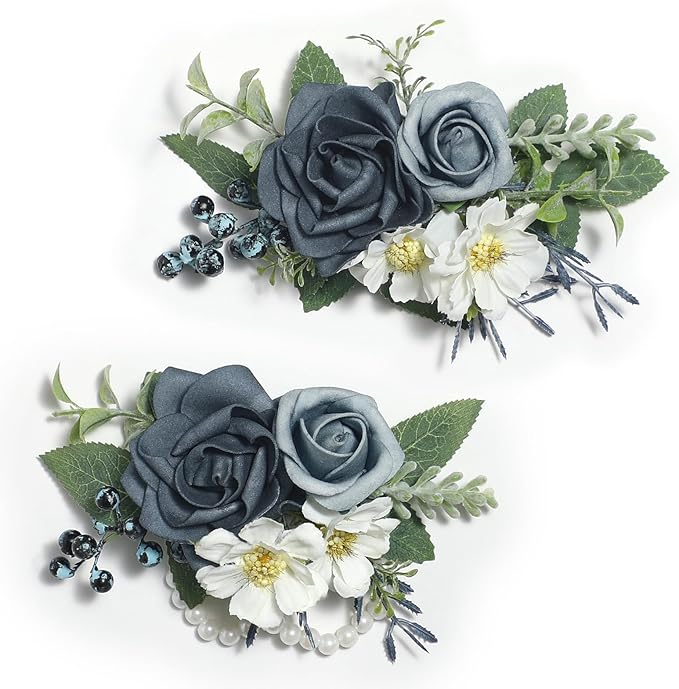 Serwalin Dusty Blue Corsage and Boutonniere Set 2pcs, 6-7inch Boutonniere and Wrist Corsage Wristband Prom Flower Wedding Flowers Accessories Prom Suit Decorations Cake Tppper