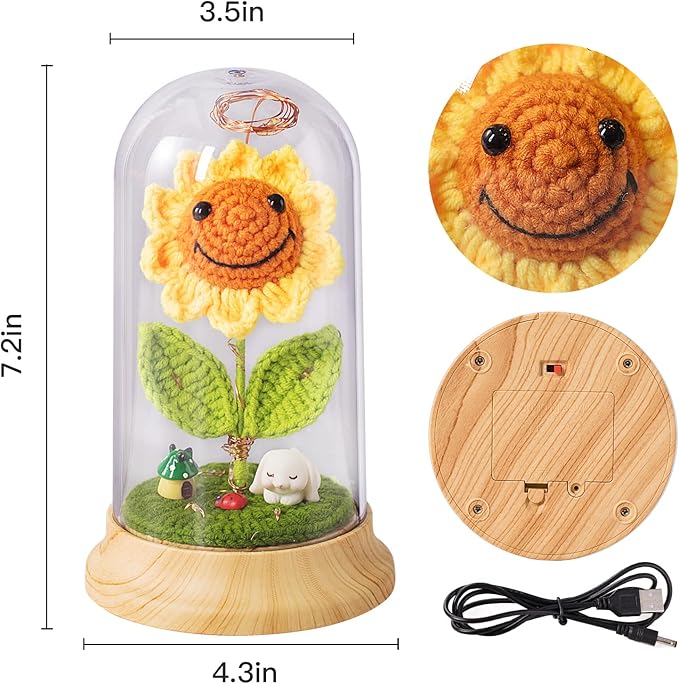 Eternal Sunflower Gifts for Women, Crochet Artificial Sun Flower Decor in Plastic Dome with Led, for Her Mom Mothers Day Birthday Anniversary Christmas Valentine Gifts (Yellow)