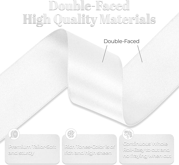 White Satin Ribbon, Double Faced White Ribbon 1-1/2 Inch X 50 Yards Premium Satin Ribbons for Gift Wrapping, Crafts, Hair Bow Making, Sewing, Flower Bouquet, Wedding Party Decor