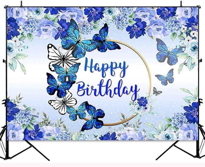 Butterfly Happy Birthday Backdrop Royal Blue Floral Photography Background Women Girls Blue Flowers Birthday Wishes Party Decorations Banner Supplies Photo Booth 8x6ft