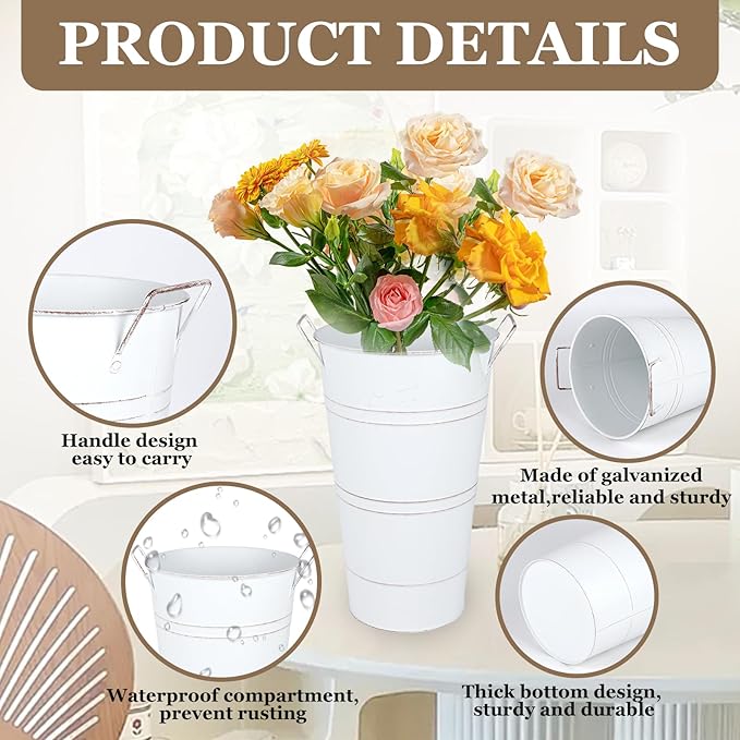 8pcs 12.8inch White Flower Holders for Flower Bar, Galvanized Flower Bucket, Metal Buckets for Party, Rustic Vases for Centerpieces, Floral Vase, Farmstand Supplies (White, 12.8inch Height)