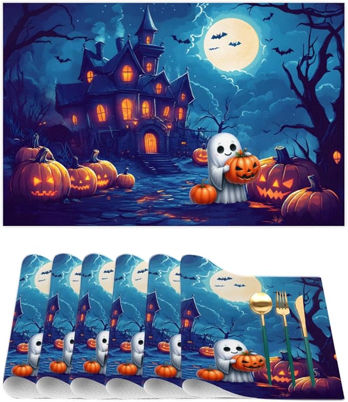 Halloween Cute Ghosts Pumpkin Placemats Set of 6 PVC Vinyl Non Slip Table Mats Heat Resistant Place Mats Washable Wipeable Dining Table Mat for Kitchen Decor Party Indoor Outdoor Decorative Gift