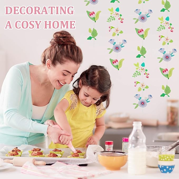 Dayker 2PCS Flower Fairy Decoration Banner, Woodland Floral Greenery Leaf Hanging Garland, Original Paper Wildflower Party Decor for Birthday Baby Shower Garden Wedding Backdrop