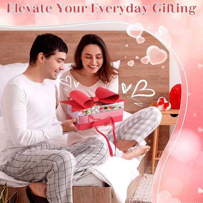AceOrbit 3 Set Flower Gift Box with Bow Paper Empty Large Red Gift Baskets with Lid and Handle Squared Cardboard Fillable Present Chocolate Packaging for Christmas Valentine Birthdays Bridal Wedding