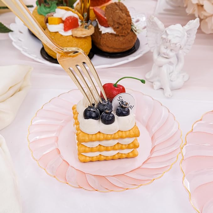 YOUBET 125Pieces Clear Pink Plastic Plates with Gold Rim - Gold Plastic Silverware Include 25 Dinner Plates 25 Dessert Plates 75 Golden Silverwares for Wedding Birthday & Parties