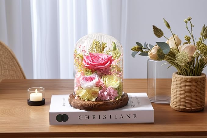 Flowers for Delivery Prime Preserved Flowers Pink Roses with LED Light in a Glass Dome,Long Lasting Real Roses Birthday Gifts for Women Daughter Mom Wife Friend（Pink Rose）