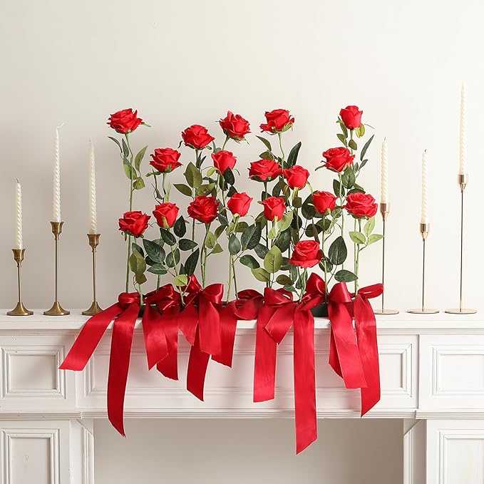 50PCS Artificial Silk Roses Flowers – Realistic Fake Roses in Bulk & Bouquet Long Stem Red Rose for Wedding Centerpieces, Home Decor, Floral Arrangements, Party Decoration (Red)