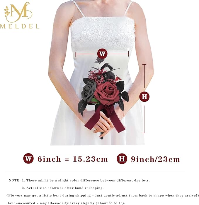Meldel Wedding Flowers Fake Rose Mini Bridesmaid Bride Bouquets Black Burgundy Set of 6 Small Floral Wedding Centerpieces Decor Artificial Flower Arrangements for Tables Home Party Decorations