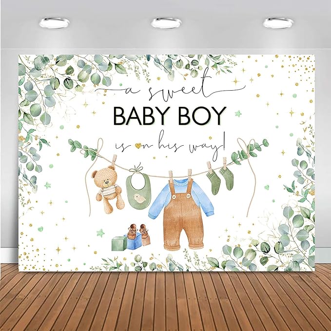 Mocsicka Baby Boy Backdrop for Baby Shower Oh Baby Green Leaves Boy Baby Shower Decorations Floral Watercolor Eucalyptus Golden Dots Cake Table Banner Decor Photo Booth Studio Props(Blue, 7x5ft)
