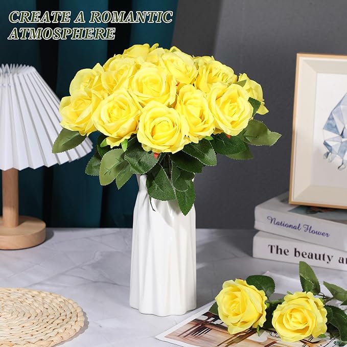 Hotop 40 Pcs Rose Artificial Flowers Bulk with Long Stem,Realistic Silk Fake Roses Bouquet for Home Wedding Centerpieces Party Table Decoration Valentines Gifts(Yellow)