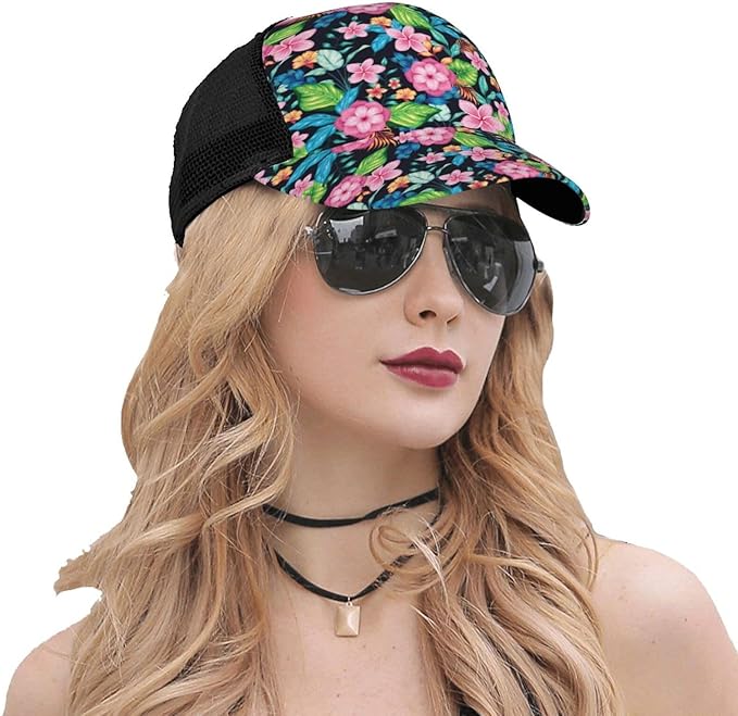 Tropical Pink Flowers Hats Women Men Hawaii Trucker Hat Adjustable Snapback Mesh Baseball Cap Hat