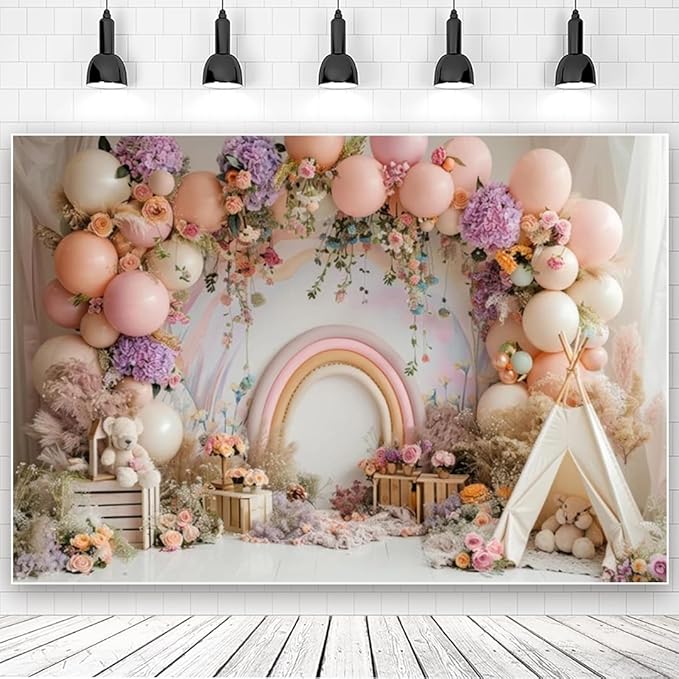 Newborn Baby 1st Birthday Photography Backdrop - Boho Balloons Tent Flower Decor Background for Kids Birthday, Baby Shower Party Portrait Cake Smash Props (7x5ft)