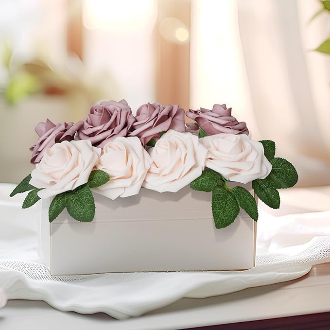 25pcs Artificial Flower Foam Rose Real Touch Roses Flower Heads with Stem for DIY Wedding Bouquets Centerpieces Arrangements Party Baby Shower Home Decor (Shades of Dusty Rose)