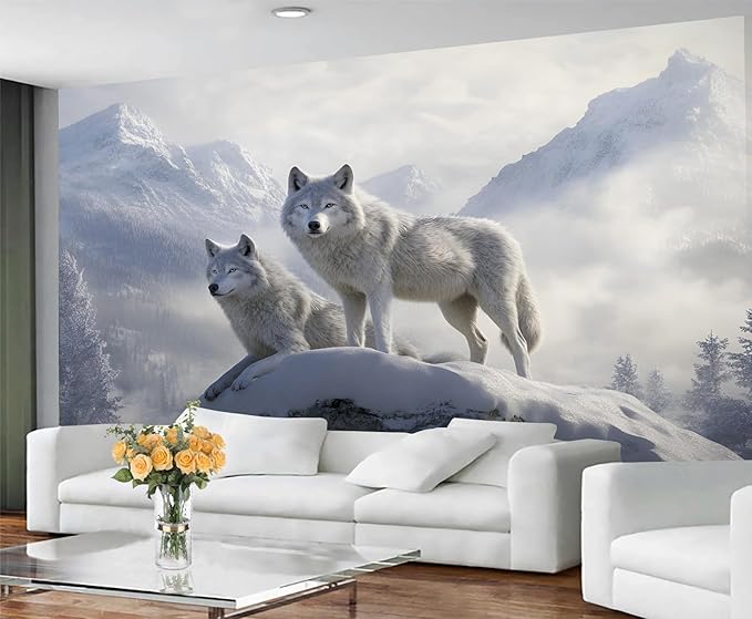 KIREUPA Arctic Wolves Wall Mural, Snow Wolves in Mountain 3d Wall Murals, Winter Wild Animal Wallpaper Mural, for Living Room Bedroom Large Wallpaper Indoor Decor 59" W x39.4 H