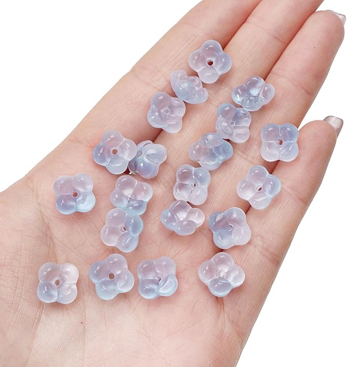 100PCS Glass Flower Beads for Jewelry Making 4 Petal Flower Bead Caps Gradient Cute Floral Beads Aesthetic Charms for Necklace Bracelets Earrings DIY Craft Home Decoration-Blue