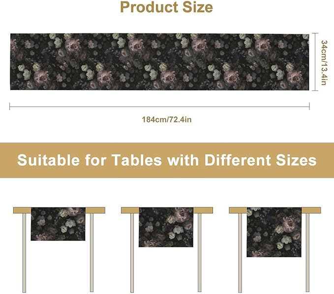 Gothic Floral Table Runner,Vintage Black Pink Rose Print Table Runner for Home Kitchen Table Dining Indoor Outdoor Party Decor 13x108 Inch