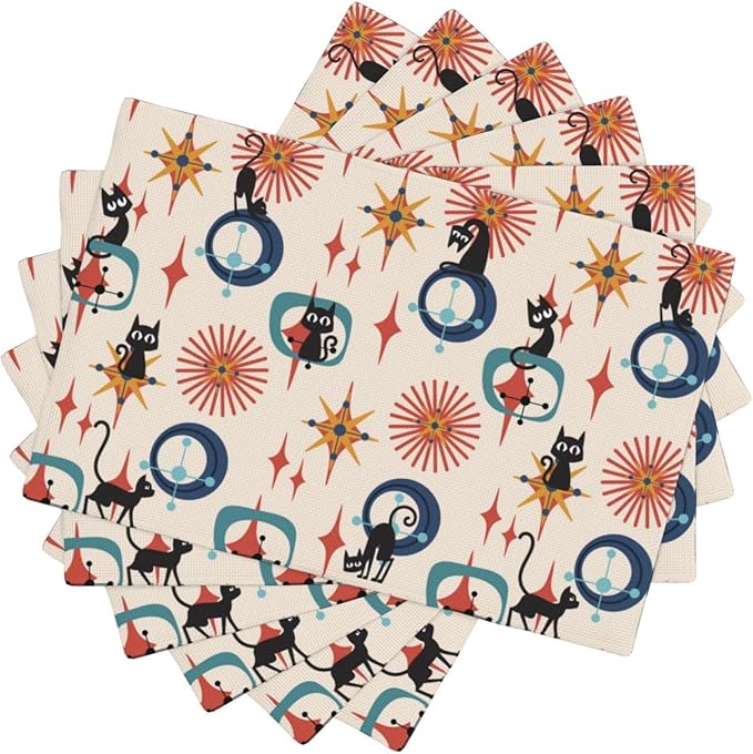 Mid Century Black Cat Modern Placemats Set of 6,Kitchen Table Mats for Dining Outdoor Home Decor 12x18 Retro Place Mats 6 PCS, Style-17