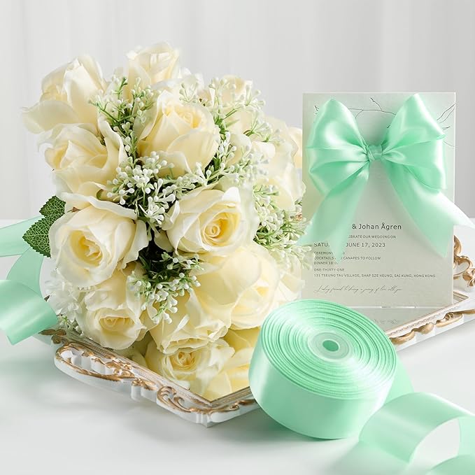1-1/2 Inches 100 Yards Mint Green Satin Ribbon, Ribbon Roll for Flower Bouquets, Gift Wrapping, Wedding, Handmade Crafts
