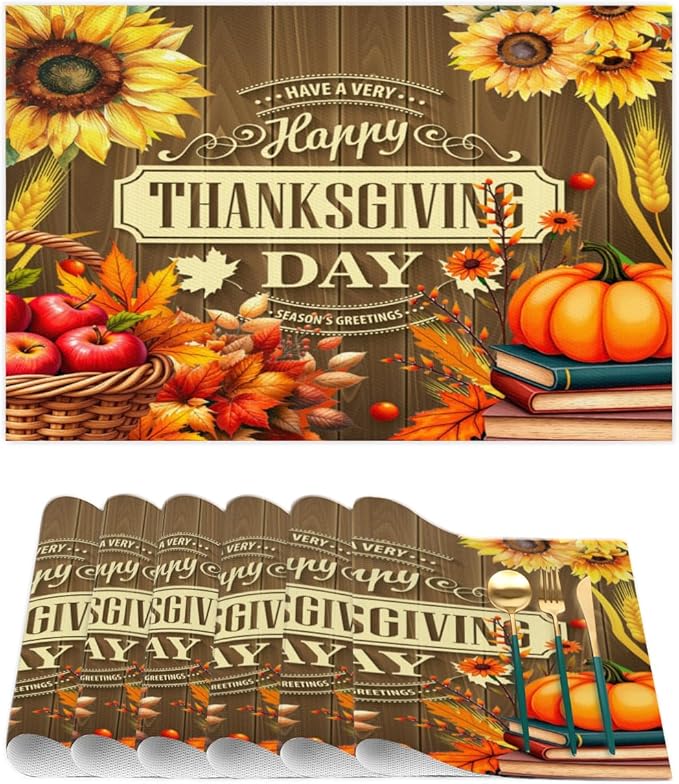 Thanksgiving Holiday Pumpkins Fall Placemats Set of 6 PVC Vinyl Non Slip Table Mats Heat Resistant Place Mats Washable Wipeable Dining Table Mat for Kitchen Decor Party Indoor Outdoor Decorative Gift