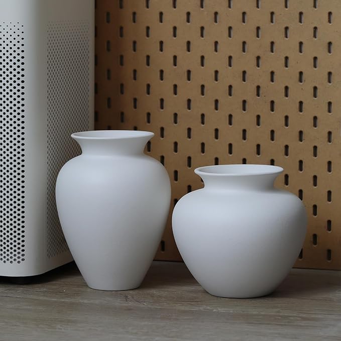 Large White Ceramic Flower vase, Modern Centerpiece Table Decorations,Round Shape Rustic Ceramic vases for Home Decor Dining Room (White, 0619)