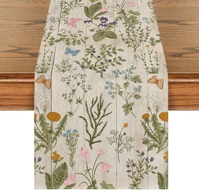 Artoid Mode Wood Wild Flowers Floral Spring Table Runner, Seasonal Summer Kitchen Dining Table Decoration for Home Party Decor 13x48 Inch