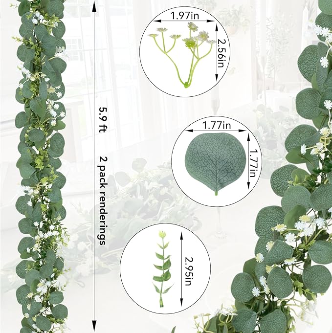 CQURE 6 Pack 5.9Ft Eucalyptus Garland,Artificial Eucalyptus Flowers Leaves Table Greenery Garland Wreath Vines for Wedding Party Table Bedroom Wall Decor