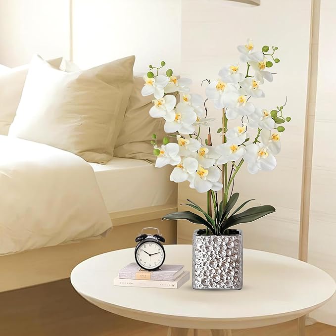 SJC Orchid Artificial Flowers with Sliver Vase Large Silk Faux Phalaenopsis Flowers for Dining Room Table Floral Centerpieces Indoor Decoration,White