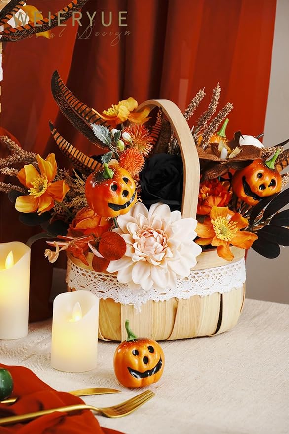 Halloween Decor Artificial Flowers Black Roses with Pumpkins, Box Set Fake Flowers for, Indoor and Outdoor Front Party Party Decorations (Halloween Pumpkins are Orange and Black)