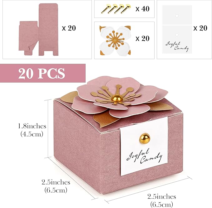 Linkidea 20 Pcs Pink Floral Folding Candy Gift Boxes 2.55" x 2.55" x 1.77" for Wedding Favors, Elegant Party Thank You Boxes with Tags