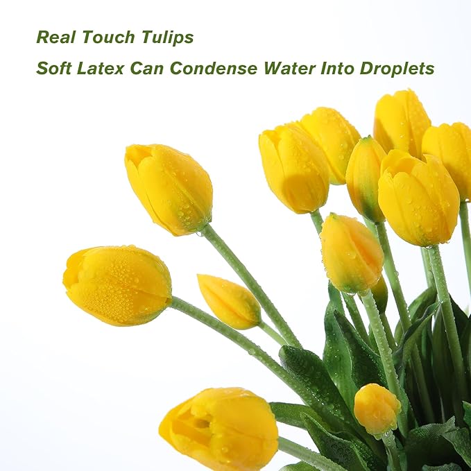 20PCS Yellow Fake Tulips Artificial Flowers Real Touch Latex Faux Tulips UV Resistant Fake Flowers Bouquet for Table Home Decor Party Wedding Garden Decoration