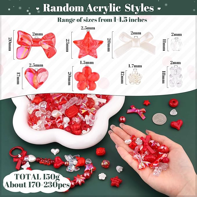 Assorted 200-260PCS Red Acrylic Beads for Bracelet Making, Flower Bow Candy GummyBear Bracelet Charms,Cute Beads for Jewelry Making DIY Necklace Keychain Phone Charm Christmas Gift
