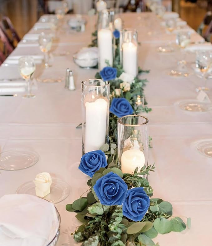 50PCS Foam Roses with Pearls 2.56in Royal Blue Roses Artificial Flowers Bulk Foam Flowers with Stem for Wedding, Bridal Shower, Cake, Graduation and Home Decor(Royal Blue)