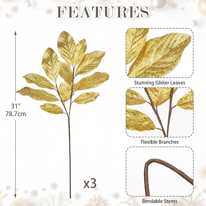 3 Pack Gold Glittered Artificial Leaf Spray Picks 31" Tall Magnolia Leaves Long Stems for Christmas Picks Winter Wedding Christmas Tree Garland Wreath DIY Bouquet Centerpiece Vase