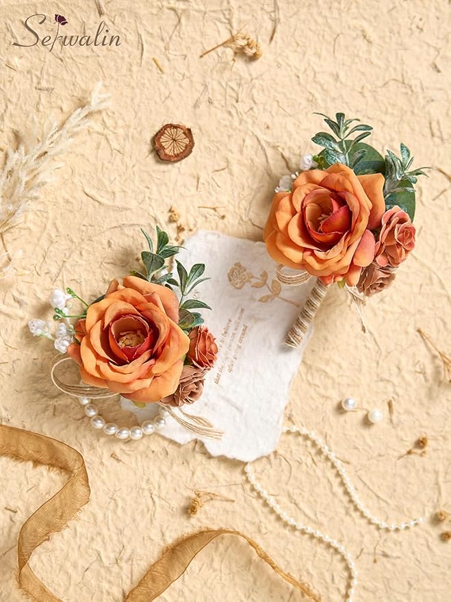 Serwalin Orange Corsage and Boutonniere Set, Boutonniere and Wrist Corsage Wristlet Prom Homecoming Wedding Flowers Accessories Prom Suit Decorations (Orange)