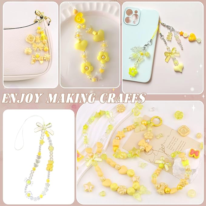 Assorted 200-260PCS Yellow Acrylic Beads for Bracelet Making, Flower Bow Candy GummyBear Bracelet Charms,Cute Beads for Jewelry Making DIY Necklace Keychain Phone Charm Christmas Gift