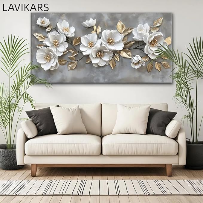 LAVIKARS Modern Gray Flowers Wall Art for Living Room Office White and Golden Floral Landscape Canvas Painting Prints Large Delicate Petals Artwork Kitchen Home Bedroom Decor (16x30 Inches)