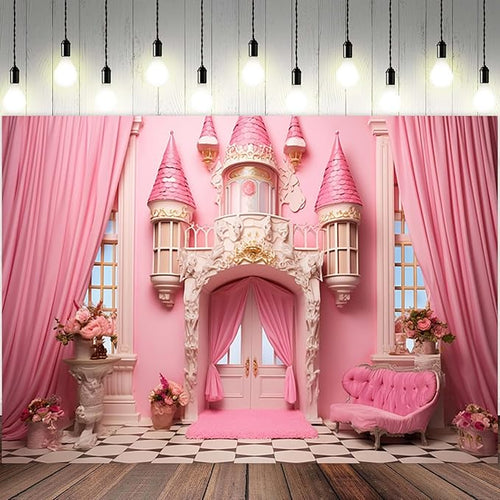 10x6.5ft Pink Princess Castle Backdrop Curtain Window Door Room Interior Background for Photography Sofa Flowers Vases Banner Decorations Girl Kids Birthday Baby Shower Party Photo Booth Props